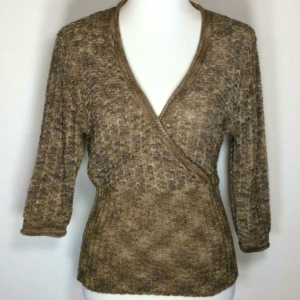 Low V Faux Wrap 3/4 Sleeve Sweater